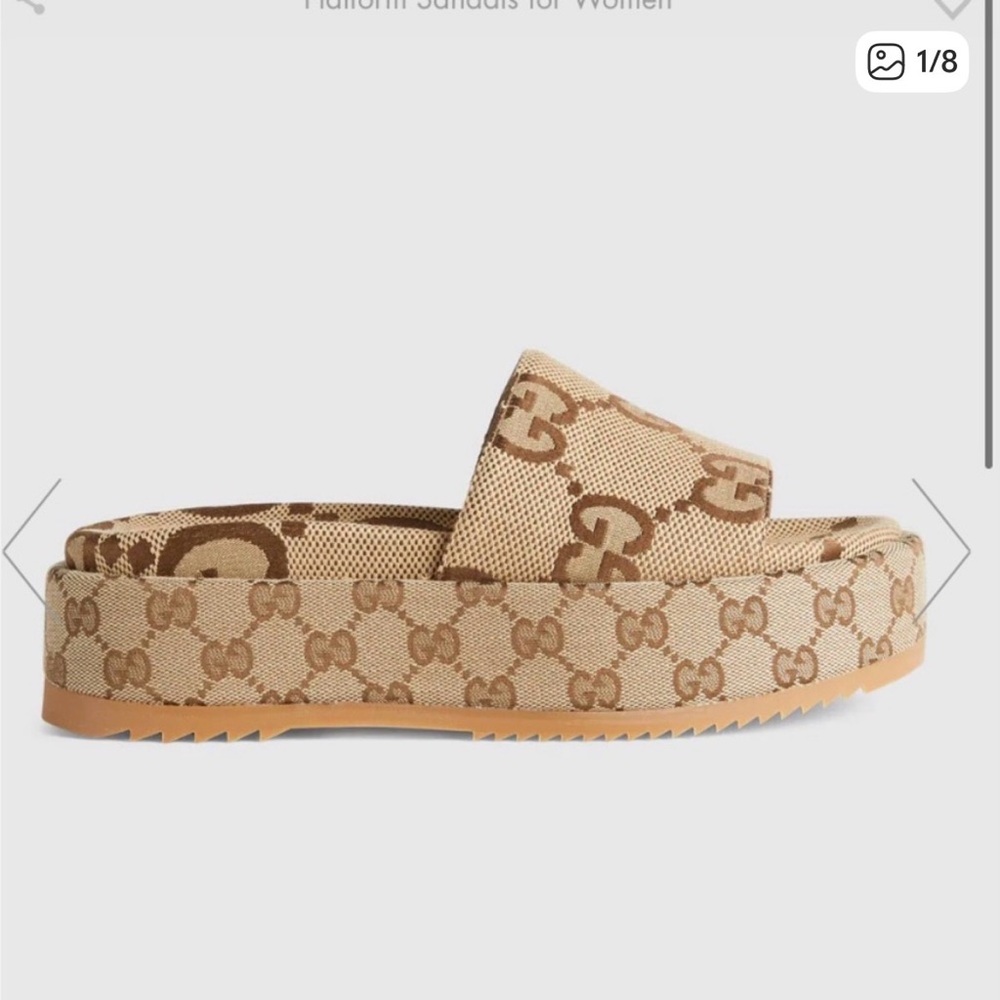 Gucci Beige Monogram Platform Slide Sandals